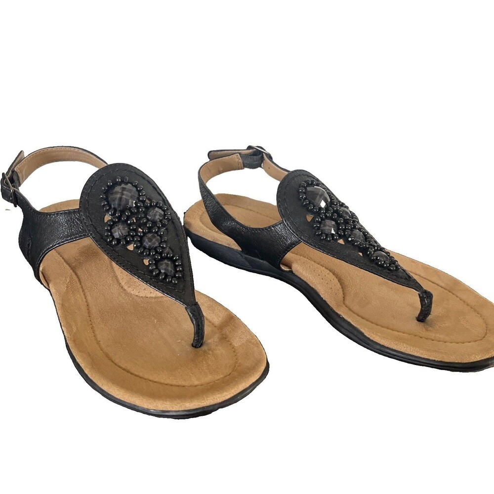 Bass Women’s Lainey Black Beaded Thong Strap Leather Sandals Suede Lining 8M